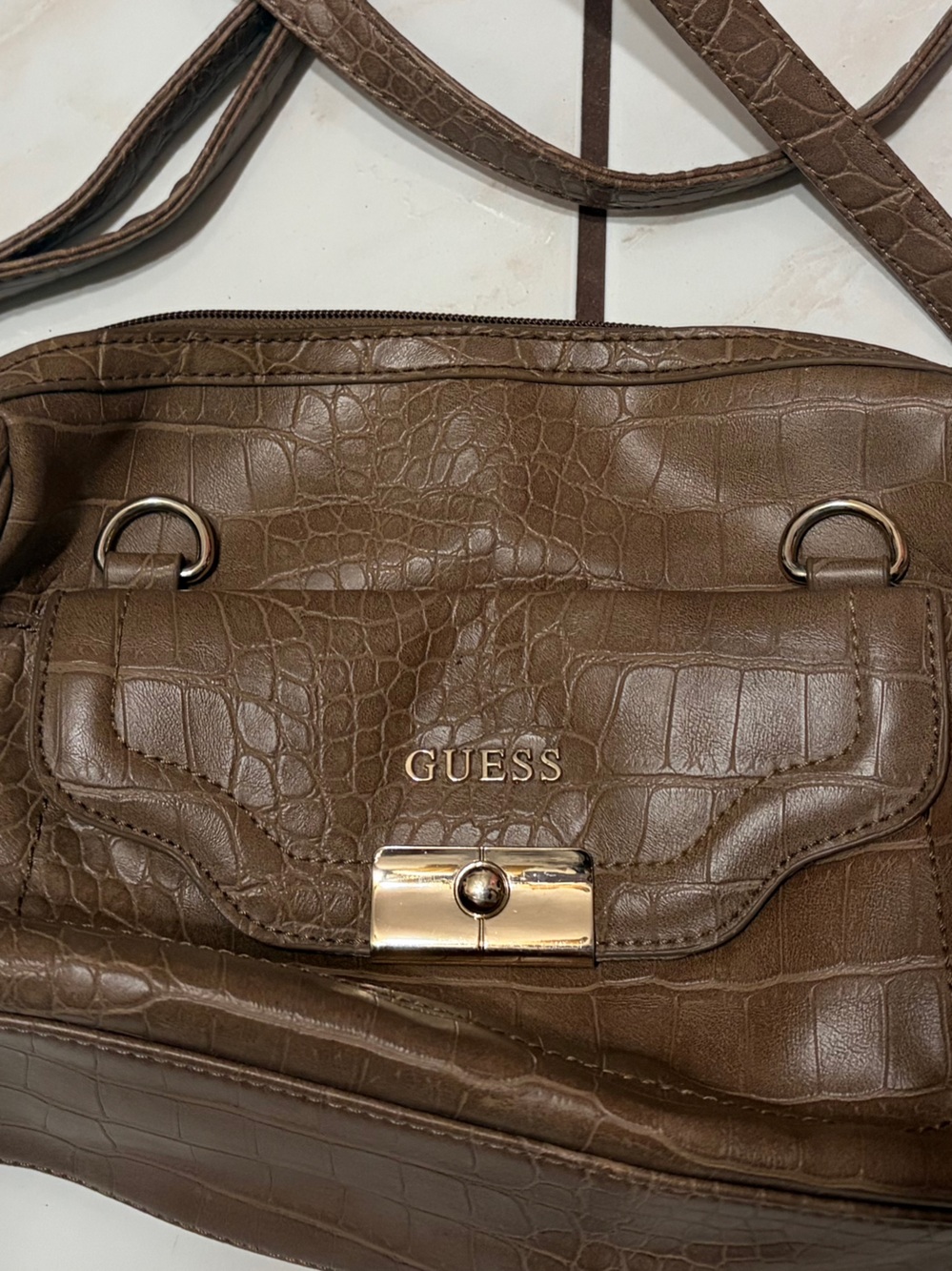 GUESS Taupe Croc-Embossed Chain-Handle Shoulder Bag - Picture 11 of 12